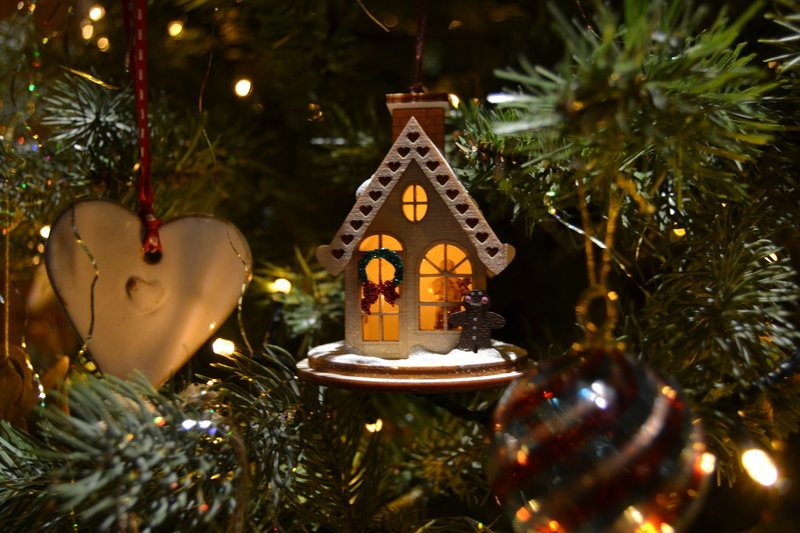 Christmas ornament house on tree