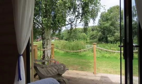 View of terrace and lake